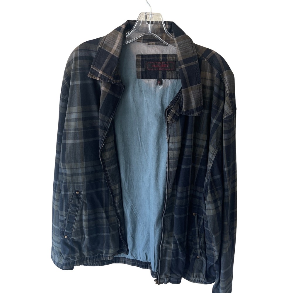Halsey Mens XL Plaid Full Zip Harrington‎ Jacket Navy Olive Green Lined Bomber
